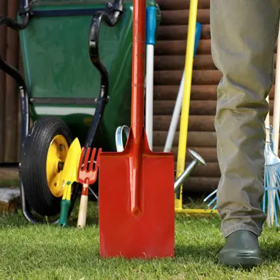 Common garden tools used for planting, pruning, and soil preparation.