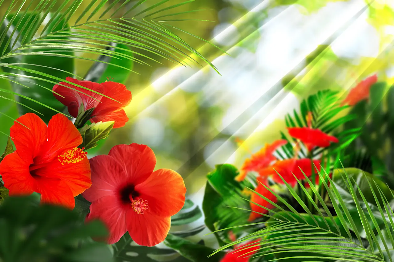A sun ray shining on hibiscus flowers.